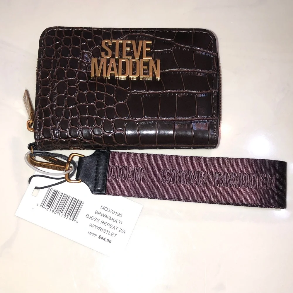 Steve Madden BJESS Brown Multi Faux Leather Croc Embossed ZA Wallet + Strap NWT
